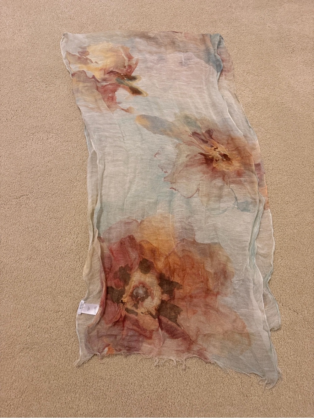 Lightweight Floral Sheer Throw Scarf in Pastel Peach and Sage -
